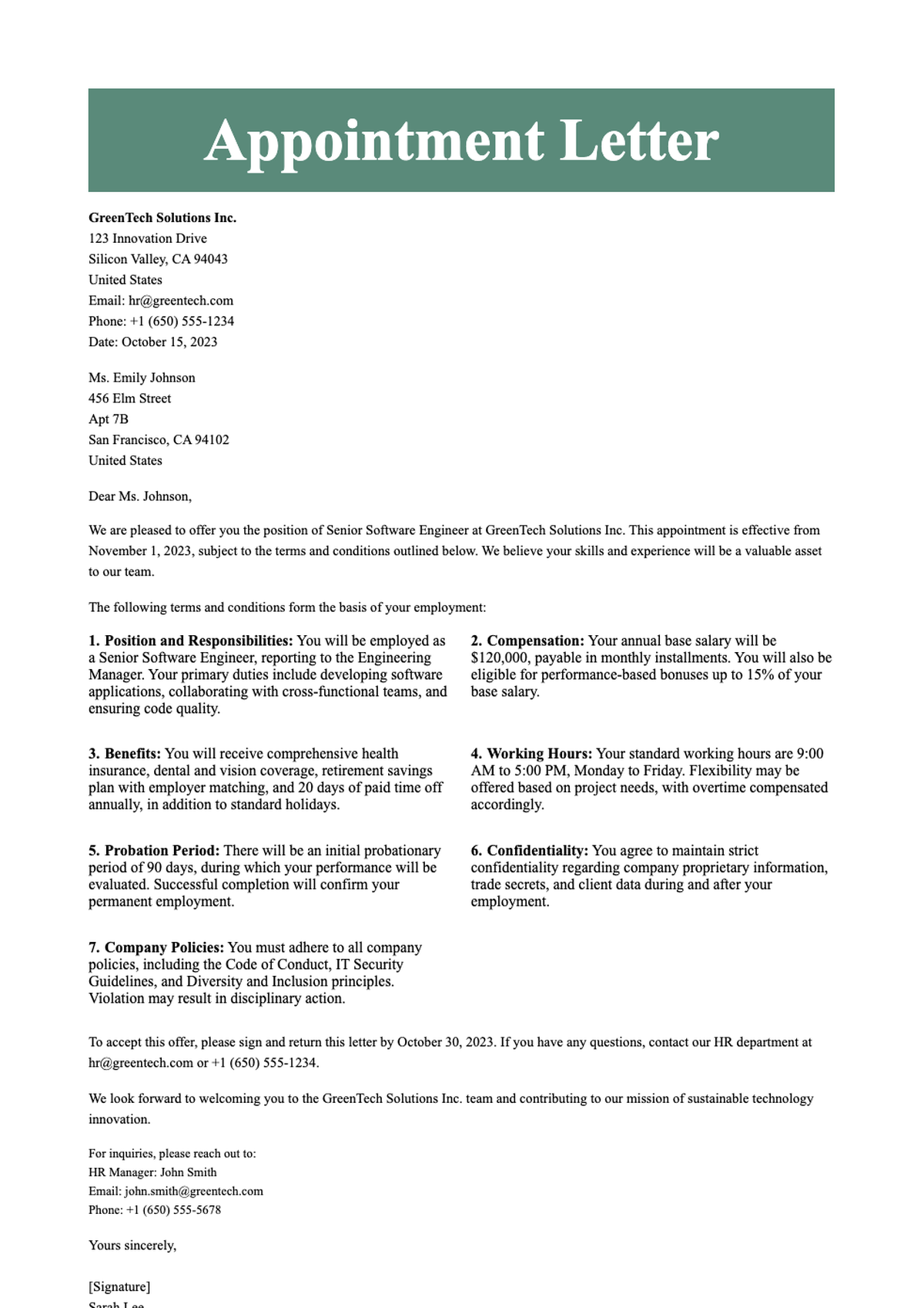 Professional appointment letter template with green header and placeholder fields_variant_2